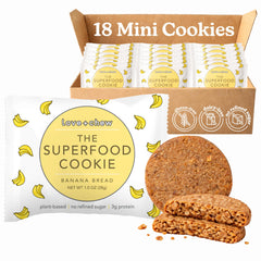 Love + Chew front packaging showing banana bread mini cookies and benefit of vegan snack