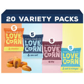 Love Corn front packaging family pack showing 20 pouches and branding clarity