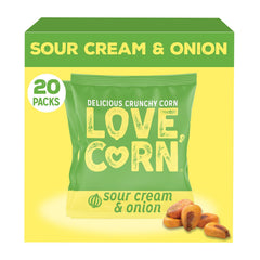 Love Corn front packaging showing 20 single-serve bags and benefits