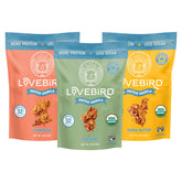 Lovebird front packaging showing cinnamon granola and organic badge for pantry visibility
