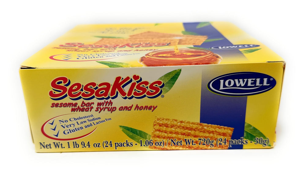 Lowell front packaging showing 24x30g honey sesame bars and convenience