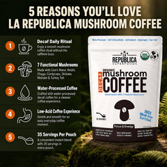 LRLA SUPERFOODS pouring hot water into mug, quick hot coffee without jitters benefit