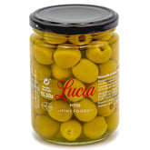 Lucia Fine Foods front jar view showing premium sealed glass jar and authentic Spanish olives
