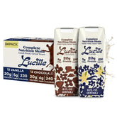 Lucille front packaging showing chocolate and vanilla bottles and pack convenience