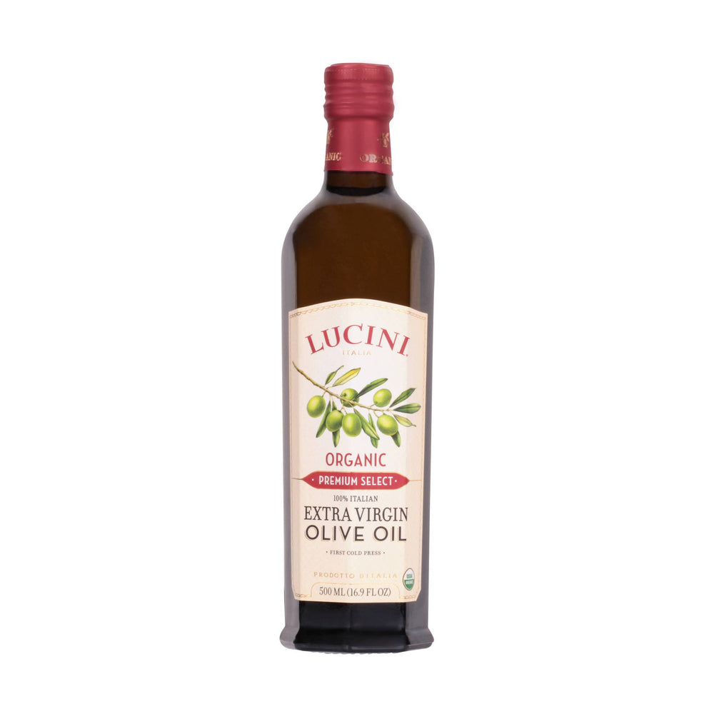 Lucini front packaging 500 mL showing bottle and label, highlights premium quality