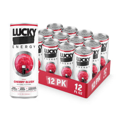 Lucky Energy front packaging showing Cherry Slush twelve-can case and bold branding benefit convenience