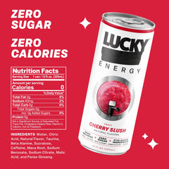 Lucky Energy ingredients label highlighting Maca Root, Ginseng, Taurine for focused support