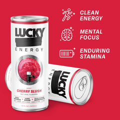 Lucky Energy being poured over ice showing vivid cherry color and slush-like refreshment