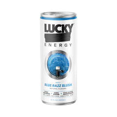 Lucky Energy closeup of can top with condensation highlighting chill