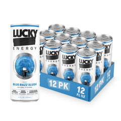 Lucky Energy front can showing Blue Razz label and refreshing look