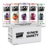 Lucky Energy 10-pack front packaging showing variety and shelf-ready convenience