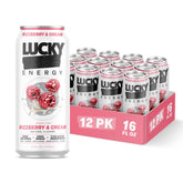 Lucky Energy front packaging showing rizzberry and cream flavor and 200mg caffeine benefit