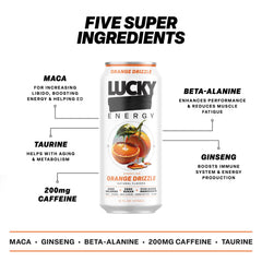 Lucky Energy close-up of orange drizzle can fizz showcasing refreshing taste