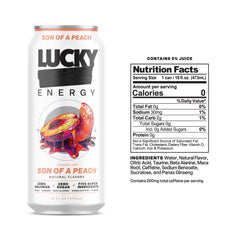 Lucky Energy Son of a Peach can close-up with liquid texture, highlights smooth peach flavor