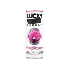 Lucky Energy close-up of can top and label highlighting the 200mg caffeine benefit