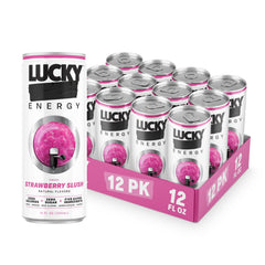 Lucky Energy front packaging showing bright strawberry slush design and 12-pack convenience benefit