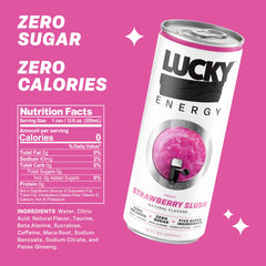 Lucky Energy poured over ice in a glass illustrating slush-like texture and refreshing benefit
