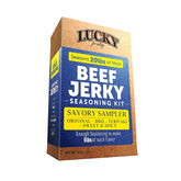 Lucky Beef Jerky front packaging showing kit and included flavor packets, highlights convenience