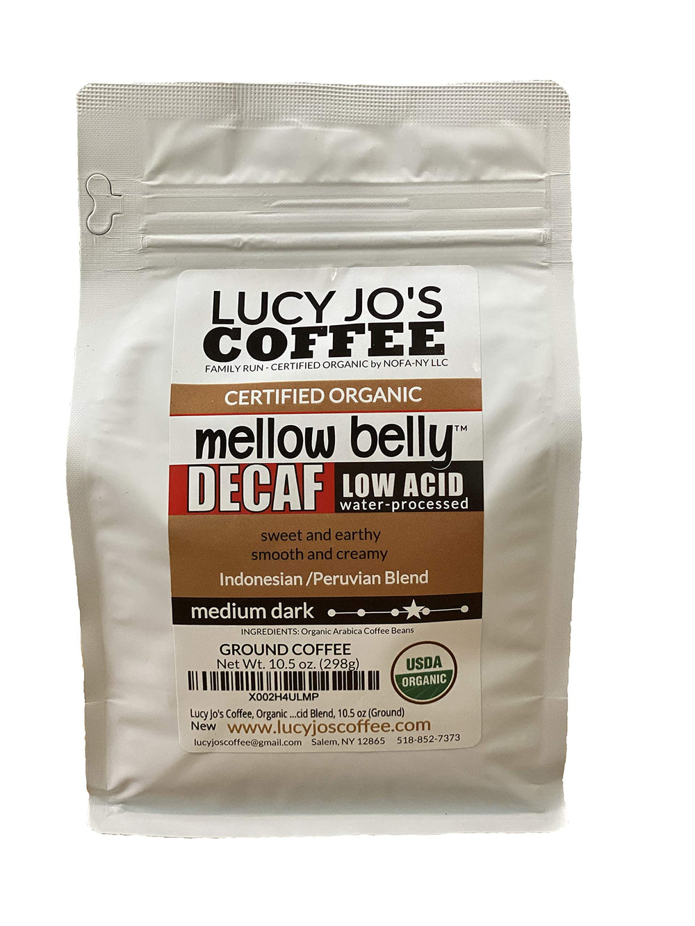 Lucy Jo's Coffee front bag showing organic decaf label and low-acid benefit