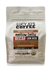 Lucy Jo's Coffee front bag showing organic decaf label and low-acid benefit