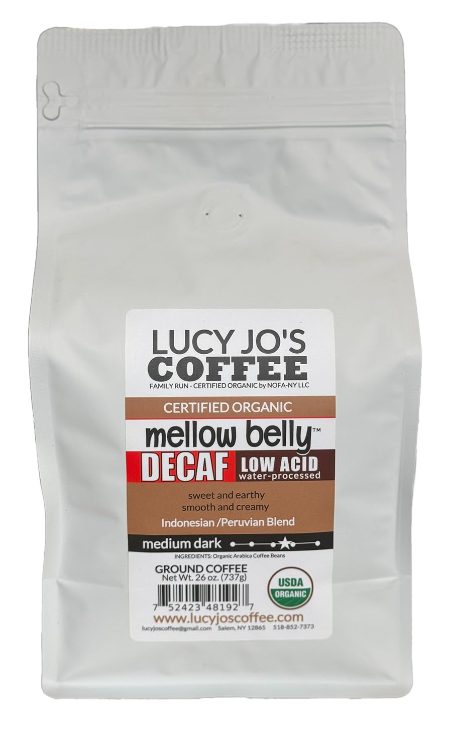 Lucy Jo's Coffee front packaging showing organic low-acid decaf and creamy flavor benefit
