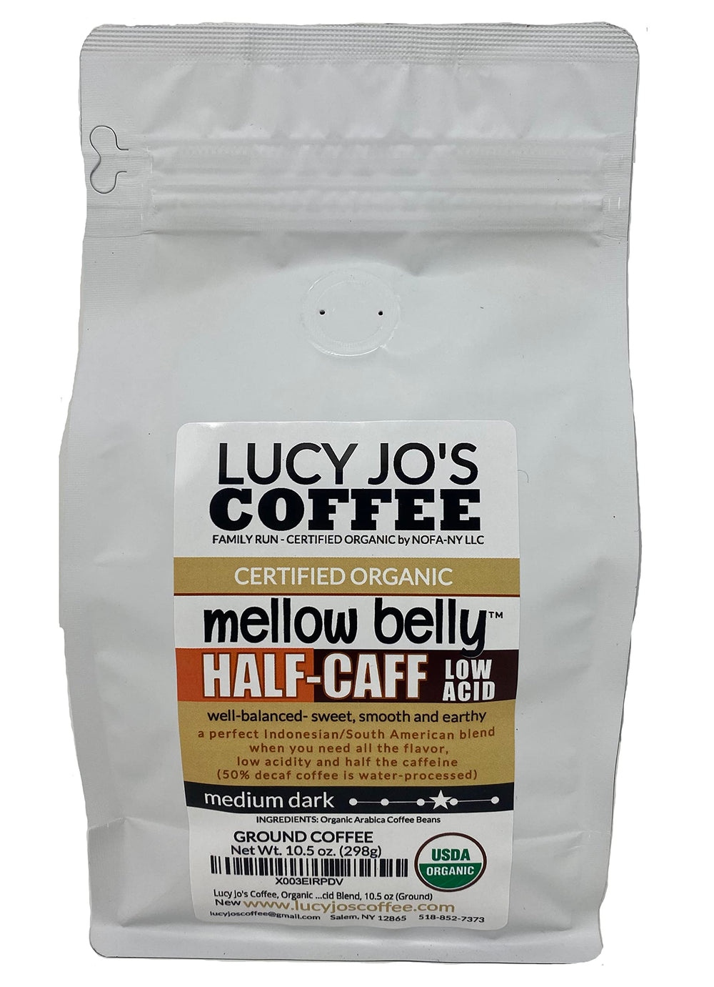 Lucy Jo's Coffee front packaging showing organic low-acid blend, gentle on stomach