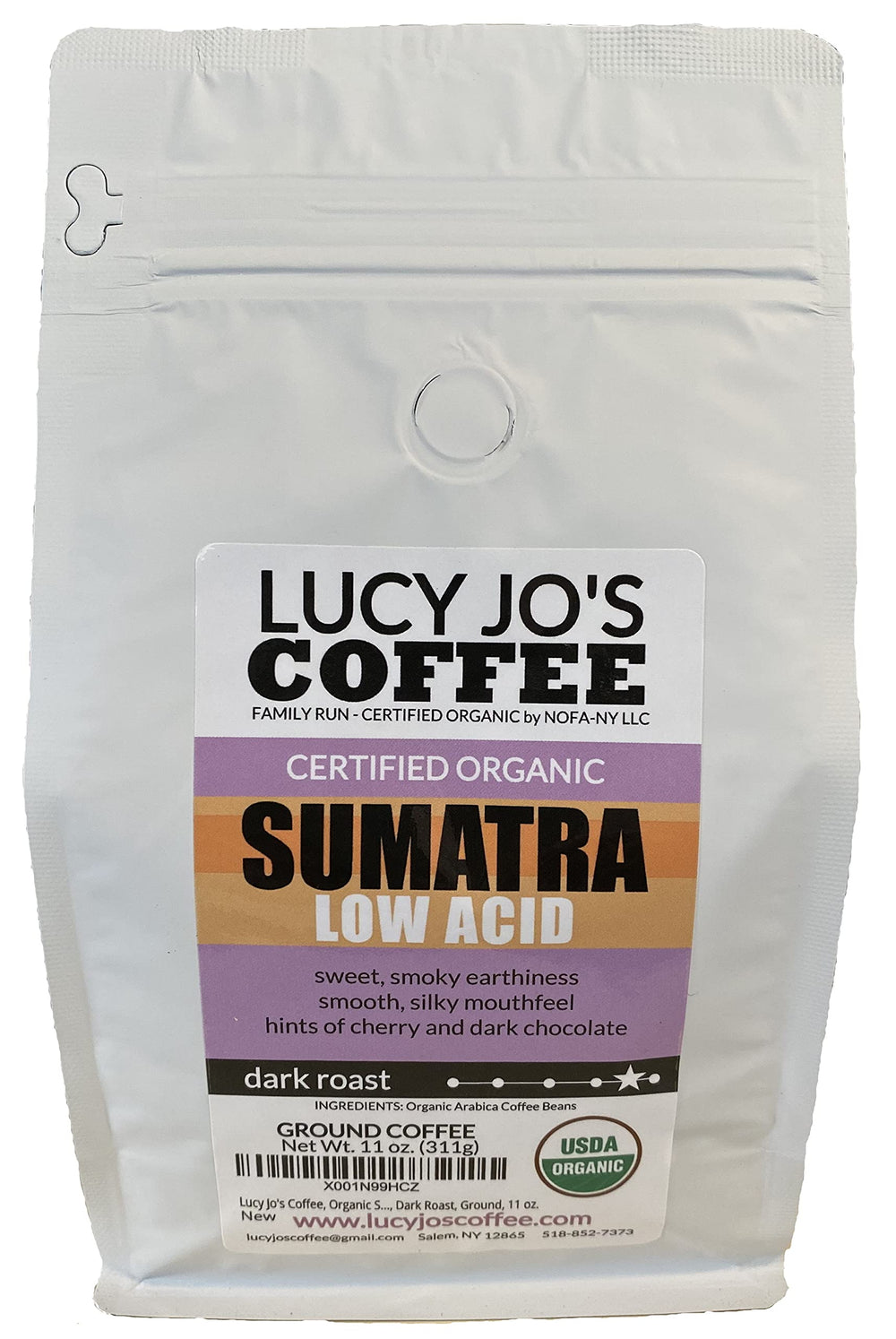 Lucy Jo's Coffee front packaging showing organic label and dark roast benefits
