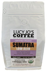 Lucy Jo's Coffee front packaging showing organic label and dark roast benefits