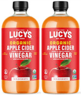Lucy's front packaging showing two 34oz glass bottles and certification labels for clarity and trust