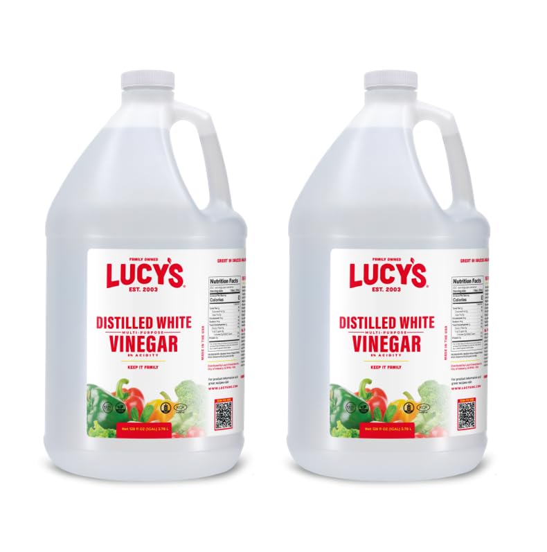 Lucy’s front label on two 1-gallon jugs showing brand and clear contents for pantry organization