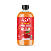 Lucy's front packaging 34oz glass bottle showing organic label and clear liquid benefit clarity