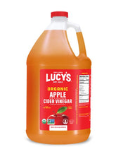 Lucy's gallon bottle front label showing organic certifications and family brand benefits
