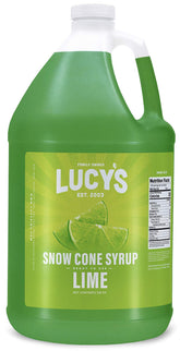 Lucy's gallon front label showing brand and lime flavor, clear product ID and appeal