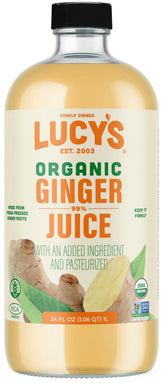 Lucy’s front packaging showing 34 oz glass bottle and label, clear branding benefit