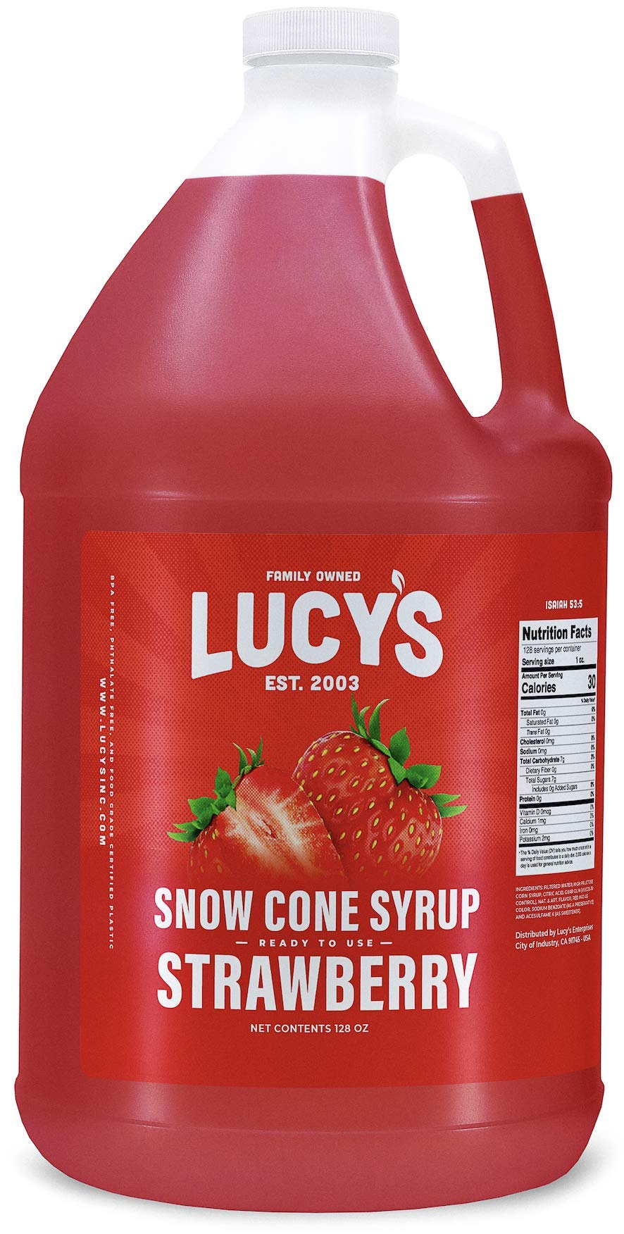 Lucy’s strawberry one-gallon front packaging showing vibrant color and brand