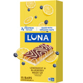LUNA Bar front packaging showing LemonZest + Blueberry and 15-count, highlights portability