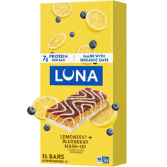 LUNA Bar front packaging showing LemonZest + Blueberry and 15-count, highlights portability