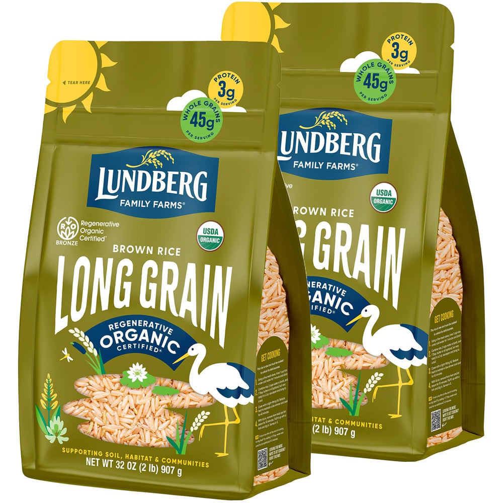 Lundberg front packaging showing two 32 oz bags and clear product view for easy identification and freshness