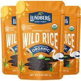 Lundberg front packaging showing three resealable 8 oz bags and benefits