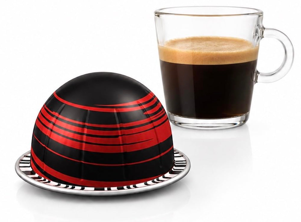 Lux.io front packaging showing Vertuo-compatible half caffeinato pods with approachable flavor