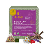 Luxmi front packaging showing 25 pyramid bags and organic branding for restful ritual