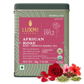 LUXMI front packaging showing loose-leaf African Rose Hibiscus tea benefits
