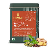 LUXMI tin front showing vanilla spice chai and resealable lid for freshness