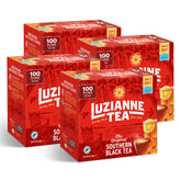 Luzianne front box view showing pack of 100 tea bags and clear iced tea benefit