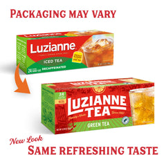 Luzianne tea bag close-up highlighting fine leaf blend and easy steeping