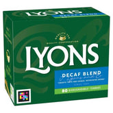 Lyons decaffeinated Irish tea front box showing 80 pyramid bags and clear branding for convenient storage