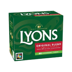 Lyons pack front showing box and 80 teabags for reliable daily supply
