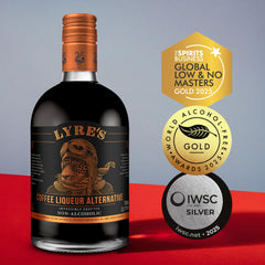Close up of Lyre’s label highlighting product name and award badges
