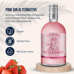 Lyre's pink label detail focused on branding and award note for gifting appeal
