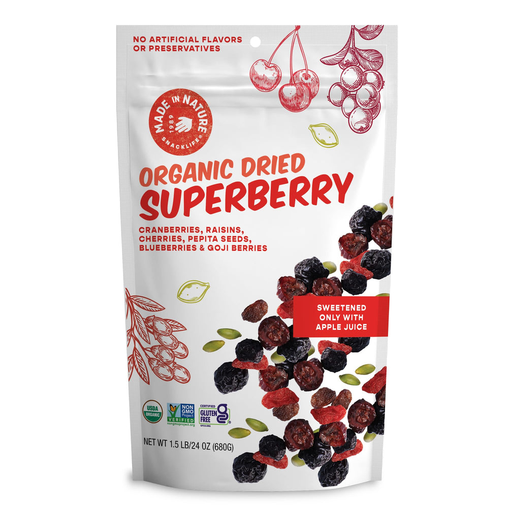 Made In Nature front packaging showing 24-ounce bag and organic label for quick ID and trust